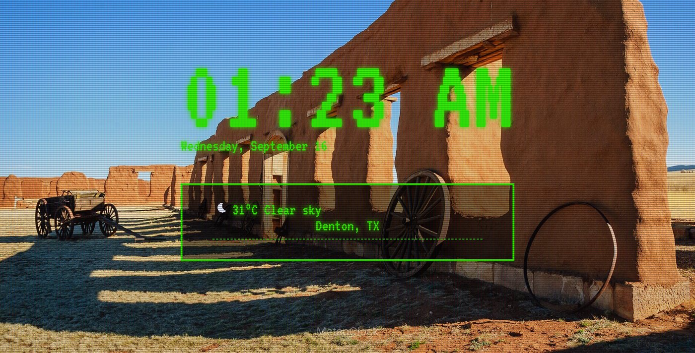 MeteoClock in a green high-contrast theme, the time and weather in large type
